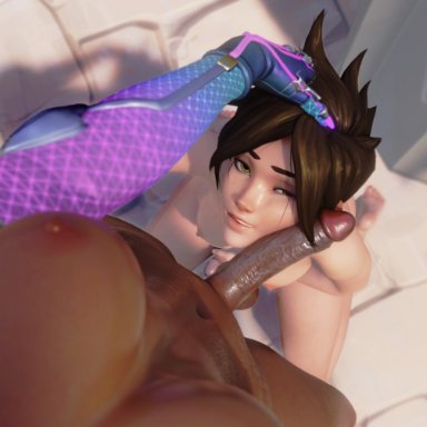 overwatch, sombra, tracer, pensubz, 2futas, areolae, athletic futanari, bedroom eyes, breasts, brown hair, brown skin, dick on face, first person view, freckles, futa on futa