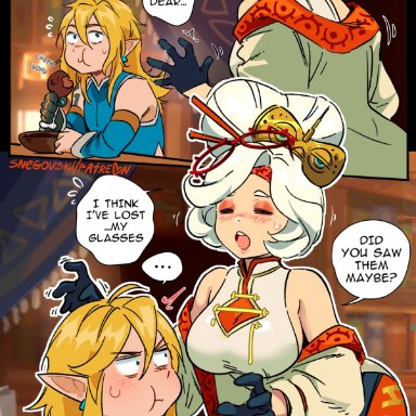 tears of the kingdom, the legend of zelda, frostbite link, link, link (tears of the kingdom), purah, purah (tears of the kingdom), snegovski, blonde hair, breasts, eating, white hair, comic, comic panel, text