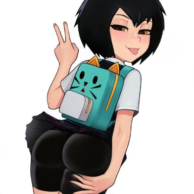 spider-man (series), peni parker, loodncrood, 1girls, ass, bag, bike shorts, black hair, bubble ass, bubble butt, cat, from behind, human, looking at viewer, naughty face