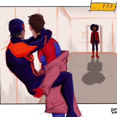 spider-man (series), jessica drew, miguel o'hara, peter b parker, ???, against wall, arms behind head, biceps, caught in the act, cheating wife, dark skin, gay, hand on butt, male only, muscular male