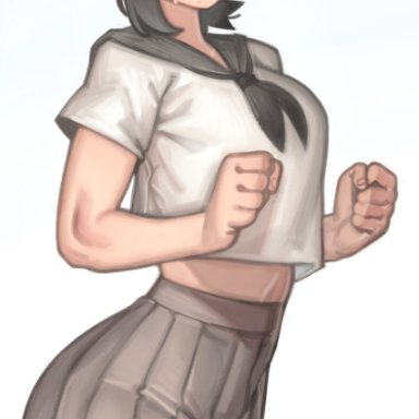 chainsaw man, shueisha, higashiyama kobeni, kelvin hiu, adult, adult female, black hair, clenched fists, clenched hands, exposed navel, eyebags, female, hair ornament, moles, neutral expression