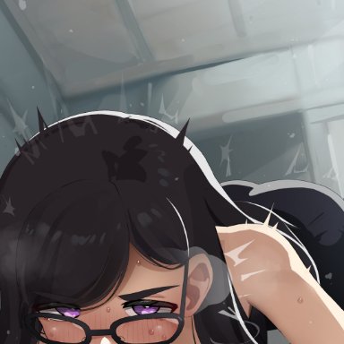 summertime render, minakata hizuru, mizumizuni, 1boy, black gloves, black hair, black tank top, blush, breasts, cleavage, deepthroat, erection, fellatio, female, glasses