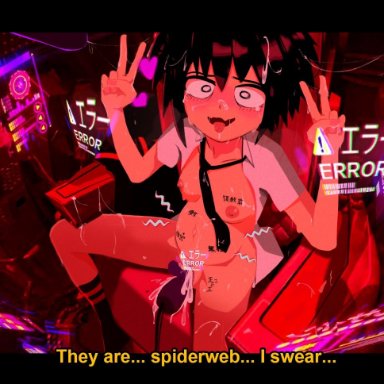 spider-man (series), peni parker, goatwithsauce, 1girls, breasts, cum, double peace sign, heart, mecha, nipples, peace sign, small breasts, spread legs, vaginal object insertion, english text