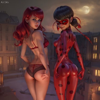 miraculous ladybug, ladybug (character), marinette cheng, air34x, 2girls, ass, black hair, blue eyes, bra, catsuit, female, female only, panties, petite, pose