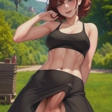 naughty faun, stable diffusion, abdomen, big breasts, big penis, futanari, looking at viewer, red hair, skirt, tank top, ai generated, tagme