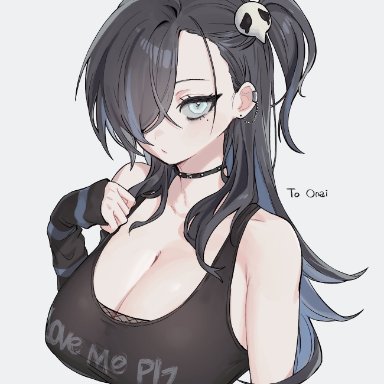 original, original character, oh (aung ae), 1girls, bare shoulders, big breasts, big titty goth, black hair, breasts, busty, choker, cleavage, ear piercing, earrings, fishnets