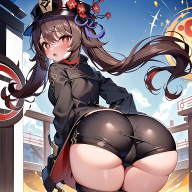 genshin impact, hu tao (genshin impact), ass, ass focus, black shorts, blush, breasts, brown hair, cameltoe, chinese clothes, come hither, female, from behind, hat, hat ornament