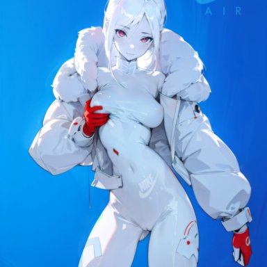 fortnite, airie (fortnite), stable diffusion, goo girl, grabbing own breast, jacket, see-through clothing, white body, white hair, white skin, ai generated