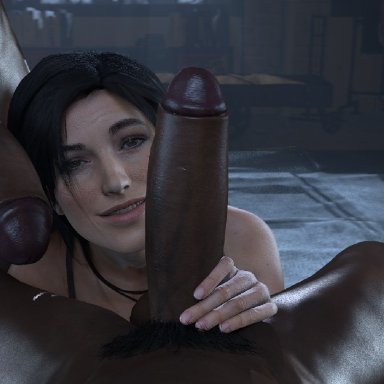 tomb raider, tomb raider (survivor), lara croft, lara croft (survivor), stefb3, 1girls, 2boys, cock worship, dark-skinned male, penis awe, tagme