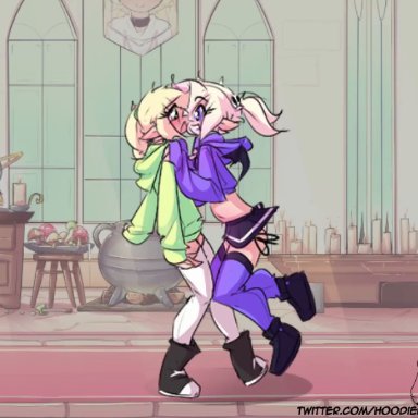 max (hoodie), electrodolly, hoodie (artist), pearblossomva, 2boys, 2femboys, boner, boner in pants, cum together, femboy, gay, kissing, leslie (hoodie), male, panties