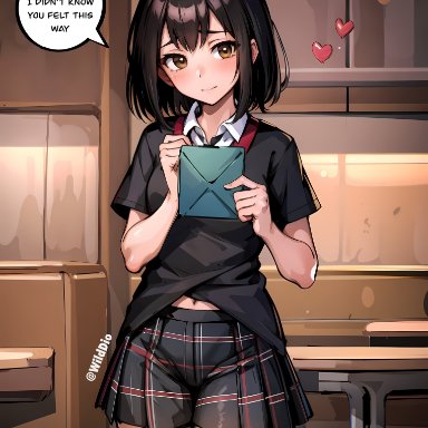 spider-man (series), peni parker, wilddio, 1girls, belly button, black hair, blush, female, full body, fully clothed, heart, looking at viewer, love letter, school uniform, short hair