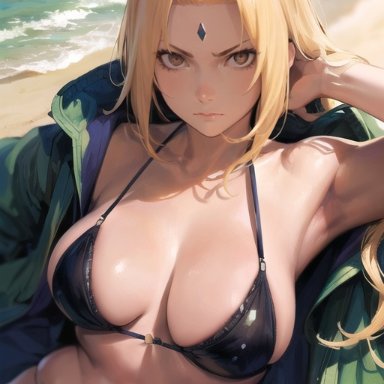 naruto, naruto (series), naruto shippuden, tsunade, ai, luminork, nai diffusion, stable diffusion, 1girls, arm behind head, arm support, armpits, beach, big breasts, bikini