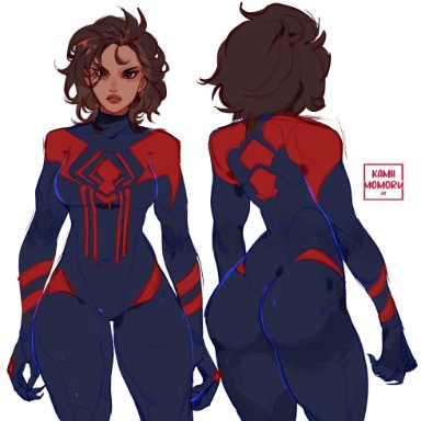 marvel, spider-man (series), spider-man 2099, miguel o'hara, kamii momoru, ass, bodysuit, breasts, dark-skinned female, dark skin, genderswap (mtf), rule 63