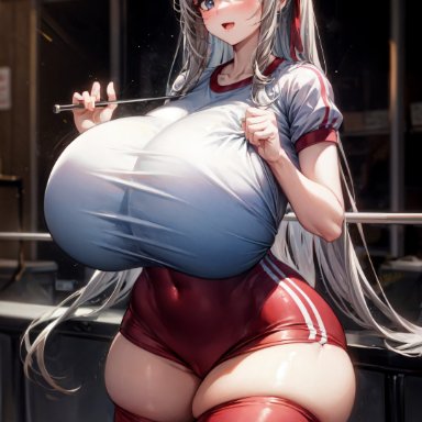 original, original character, stable diffusion, aroused, breast expansion, curvy, detailed background, excited, gigantic breasts, gym uniform, hair bun, hair ribbon, horny, hourglass figure, huge breasts