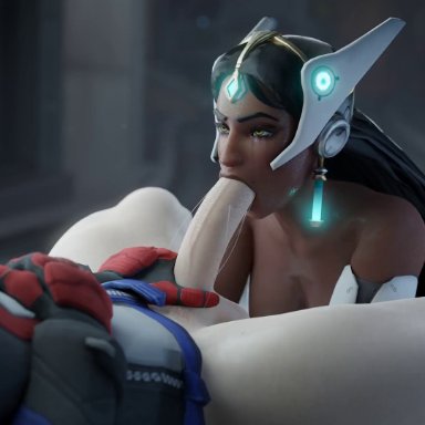 overwatch, symmetra, 1boy, 1girls, blowjob, cum in mouth, dark-skinned female, defeated, fellatio, indian, indian female, interracial, light-skinned male, looking at another, animated