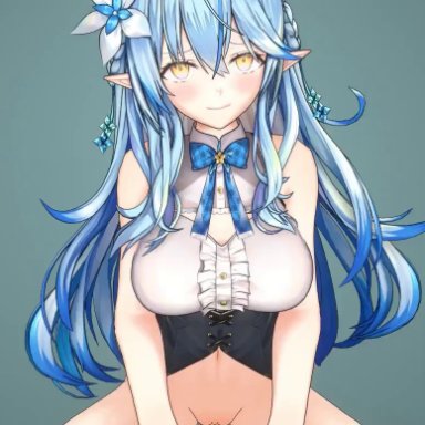 hololive, yukihana lamy, harkeyo, 1boy, 1boy1girl, 1girls, big breasts, blue hair, blush, clothed sex, clothes lift, cowgirl position, elf, elf female, elf girl