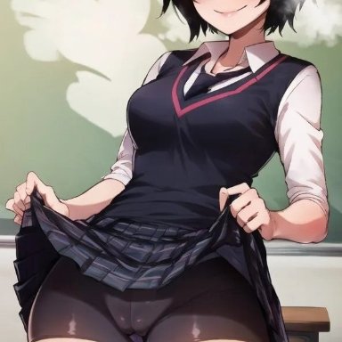 spider-man (series), peni parker, stable diffusion, 1girls, bare thighs, bike shorts, black hair, blush, breasts, cameltoe, flashing, human, naughty face, skirt lift, smile