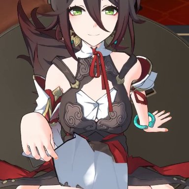 honkai: star rail, honkai (series), mihoyo, caelus (honkai: star rail), tingyun (honkai: star rail), harkeyo, 1boy1girl, big breasts, bouncing breasts, breasts, clothed sex, clothes lift, fox ears, fox girl, fox tail