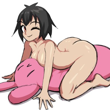 marvel, spider-man (series), peni parker, ass, barefoot, black hair, breasts, completely nude, cute, female, markman ez, mounting, nude, one eye closed, short hair