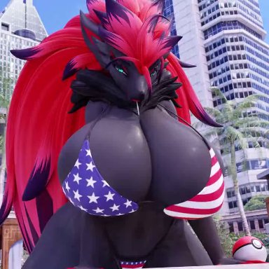 pokemon, zoroark, dividebyzero, american flag bikini, anthro, big breasts, bikini, breasts, furry, huge breasts, pokeball, 3d, 3d animation, animated, tagme