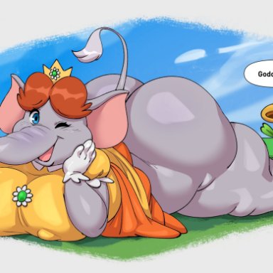 mario (series), nintendo, pereira cartoons, super mario bros. wonder, elephant daisy, princess daisy, joaoppereiraus, 1girls, 1other, ass, big ass, big butt, breasts, brown hair, clothing