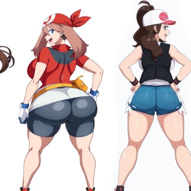 pok&#233;mon, pokemon, dawn (pokemon), haruka (pokemon), hikari (pokemon), hilda (pokemon), may (pokemon), maya (pok&#233;mon), mei (pokemon), rosa (pokemon), touko (pokemon), 4girls, aura (pok&#233;mon), clothed female, huge ass