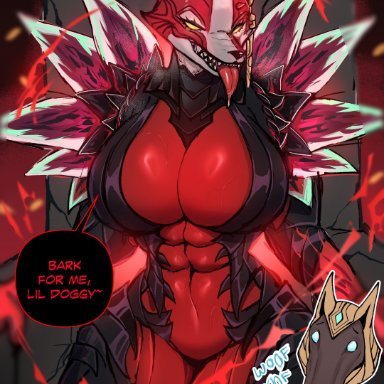 league of legends, let me do it for you, riot games, darkin, naafiri, nasus, ryuukusnpaiarts, anthro, anubian jackal, bedroom eyes, big breasts, breasts, canid, canine, canis