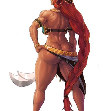 breath of the wild, tears of the kingdom, the legend of zelda, gerudo, riju, kingbang, kongman99, 1girls, ass, bubble butt, dark-skinned female, green eyes, headwear, high heels, long hair