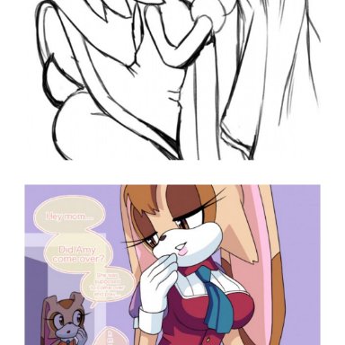 sonic (series), sonic the hedgehog (series), amy rose, vanilla the rabbit, saltorii, anthro, big breasts, big penis, erection, female, futa on female, futanari, stealth fellatio, stealth sex, dialogue