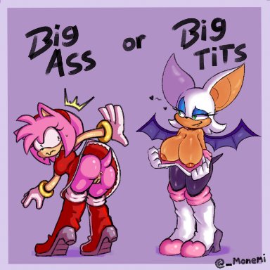 sega, sonic the hedgehog (series), amy rose, rouge the bat, monemi, anthro, anus, bat, bat wings, bent over, big breasts, boots, bottomless, breasts, clothed