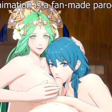 fire emblem, fire emblem: three houses, nintendo, byleth (female) (fire emblem), byleth (fire emblem), byleth (fire emblem) (female), rhea (fire emblem), cinderdryadva, nodusfm, sarielle13, 1boy, 2girls, :&gt;=, assisted fellatio, assisted paizuri