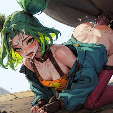 league of legends, zeri (league of legends), kayahkiss, anal, big ass, big penis, bimbo, bubble butt, exhibitionism, green hair, male, penis, smaller female, zoophilia, ai generated