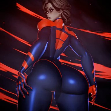 marvel, spider-man 2099, miguel o'hara, rushzilla, 1girls, big ass, bodysuit, bubble ass, bubble butt, clawed fingers, claws, dat ass, looking at viewer, skin tight, thick thighs