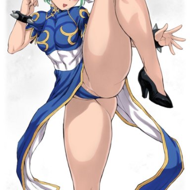 capcom, one-punch man, street fighter, chun-li, chun-li (cosplay), tatsumaki, gonzalo costa, mogudan, 1girls, armwear, ass, ass visible through thighs, blue panties, blush, bracelet