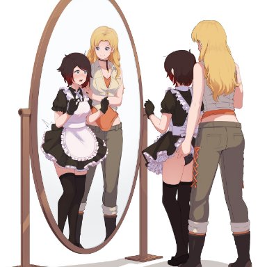 rwby, ruby rose, saphron cotta-arc, garththeddraig, 2girls, apron, ass, black hair, black panties, blonde hair, blue eyes, boots, breasts, choker, dress lift