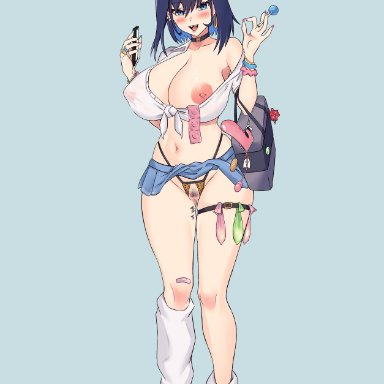 hololive, hololive english, ouro kronii, rika (akarika057), alternate costume, armpits, asymmetrical legwear, bag, blue eyes, blue hair, breasts, candy, cellphone, cleavage, clothes lift