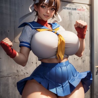 capcom, street fighter, sakura kasugano, kw0337, 1girls, big breasts, brown eyes, brown hair, miniskirt, school uniform, short hair, tomboy, ai generated