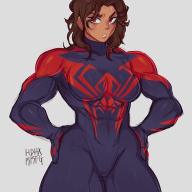 marvel, spider-man 2099, miguel o'hara, hdhx, abs, big breasts, bodysuit, muscles, muscular female, genderswap (mtf), rule 63