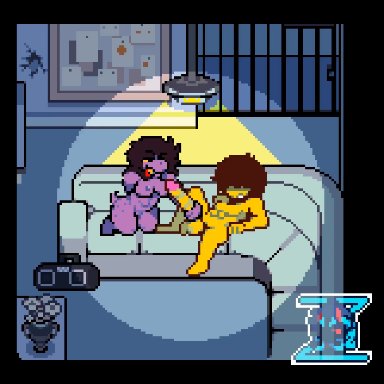 deltarune, kris (deltarune), susie (deltarune), deezairah, ass, ball gag, ball slap, ball suck, balls deep, bouncing, bubble butt, cum, cum in mouth, cum inside, cum on face