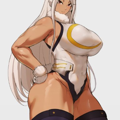 my hero academia, miruko, rumi usagiyama, usagiyama rumi, batako, abs, amazon, big breasts, curvy, dark-skinned female, dark skin, gloves, hands on hips, huge breasts, leotard