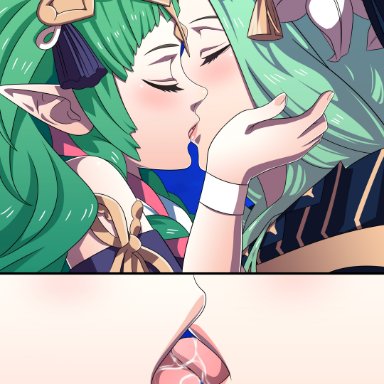 fire emblem, fire emblem: three houses, nintendo, rhea (fire emblem), sothis (fire emblem), leenvidia, 2girls, bangs, braid, close-up, closed eyes, female, female only, french kiss, green hair