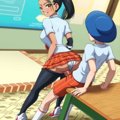 pokemon, pokemon sv, florian (pokemon), nemona (pokemon), pokemon trainer, reit, 1boy, black hair, brown skin, female, from behind, looking back, pantyhose, pantyhose down, school uniform