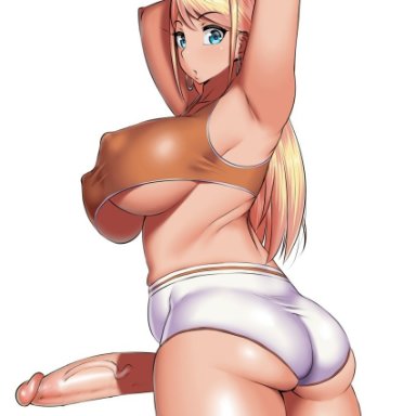 burakku-ra, 1futa, big penis, blonde hair, breasts, clothed, clothing, dickgirl, erection, futa only, futanari, huge cock, human, light-skinned futanari, light skin