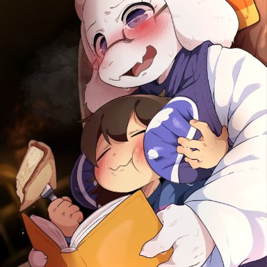 undertale, frisk, toriel, dagasi, 1girls, 1other, adoptive mother, animal ears, armchair, big breasts, bigger female, blush, blushing, book, breasts