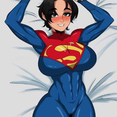 dc, dc comics, dc extended universe, the flash (2023), kara zor-el, supergirl, supergirl (sasha calle), ryosuart, abs, athletic female, big breasts, black hair, bodysuit, dakimakura pose, dakimakura style