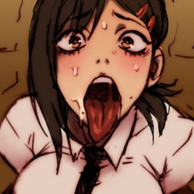 chainsaw man, higashiyama kobeni, jay-marvel, ahe gao, ahegao, big breasts, black hair, blush, blushing, formal wear, seductive look, sweat, sweatdrop, tongue, tongue out