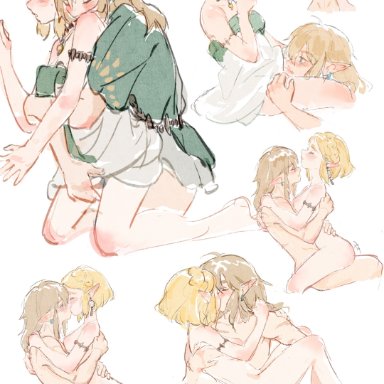 tears of the kingdom, the legend of zelda, link, link (tears of the kingdom), princess zelda, zelda (tears of the kingdom), kimama807070414, 1boy, archaic set (zelda), armlet, blonde hair, blush, brown hair, clothes lift, cunnilingus