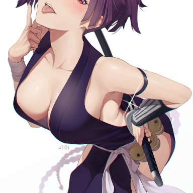 jigokuraku, yuzuriha (jigokuraku), jebi, 1girls, blush, cleavage, female, female only, kunoichi, purple hair, revealing clothes, sideboob, solo, tabi, tongue out