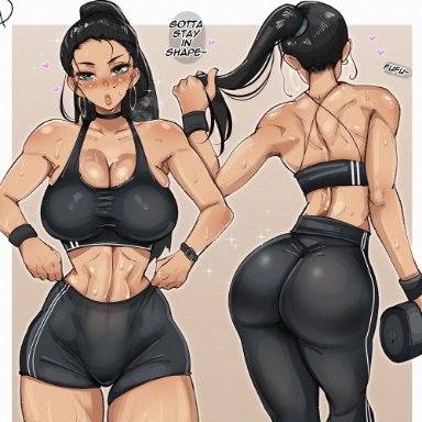 1girls, almualim, alternate version available, ass, black hair, blue eyes, booty shorts, breasts, dat ass, dumbbell, english text, female, fit, fit female, hi res