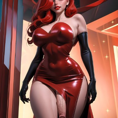 jessica rabbit, puffyart, 1futa, big breasts, big penis, breasts, dickgirl, dress, futa only, futanari, gloves, green eyes, hair over one eye, huge breasts, huge cock